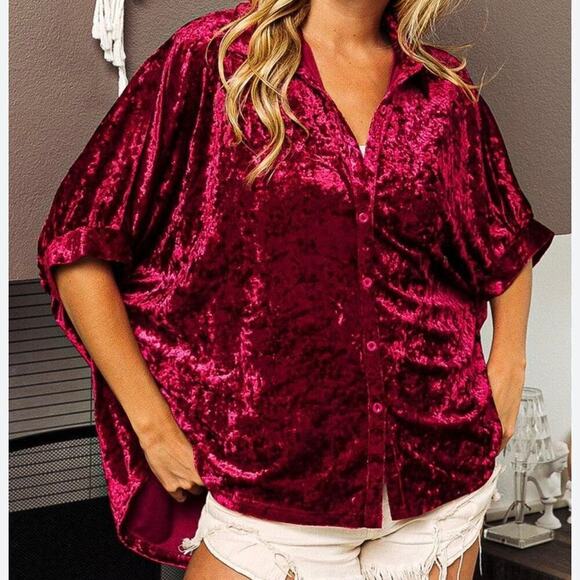 Bibi Velvet Blouse Button Up Pleated S/S Boho Romance Relaxed Oversized Small - Picture 1 of 6